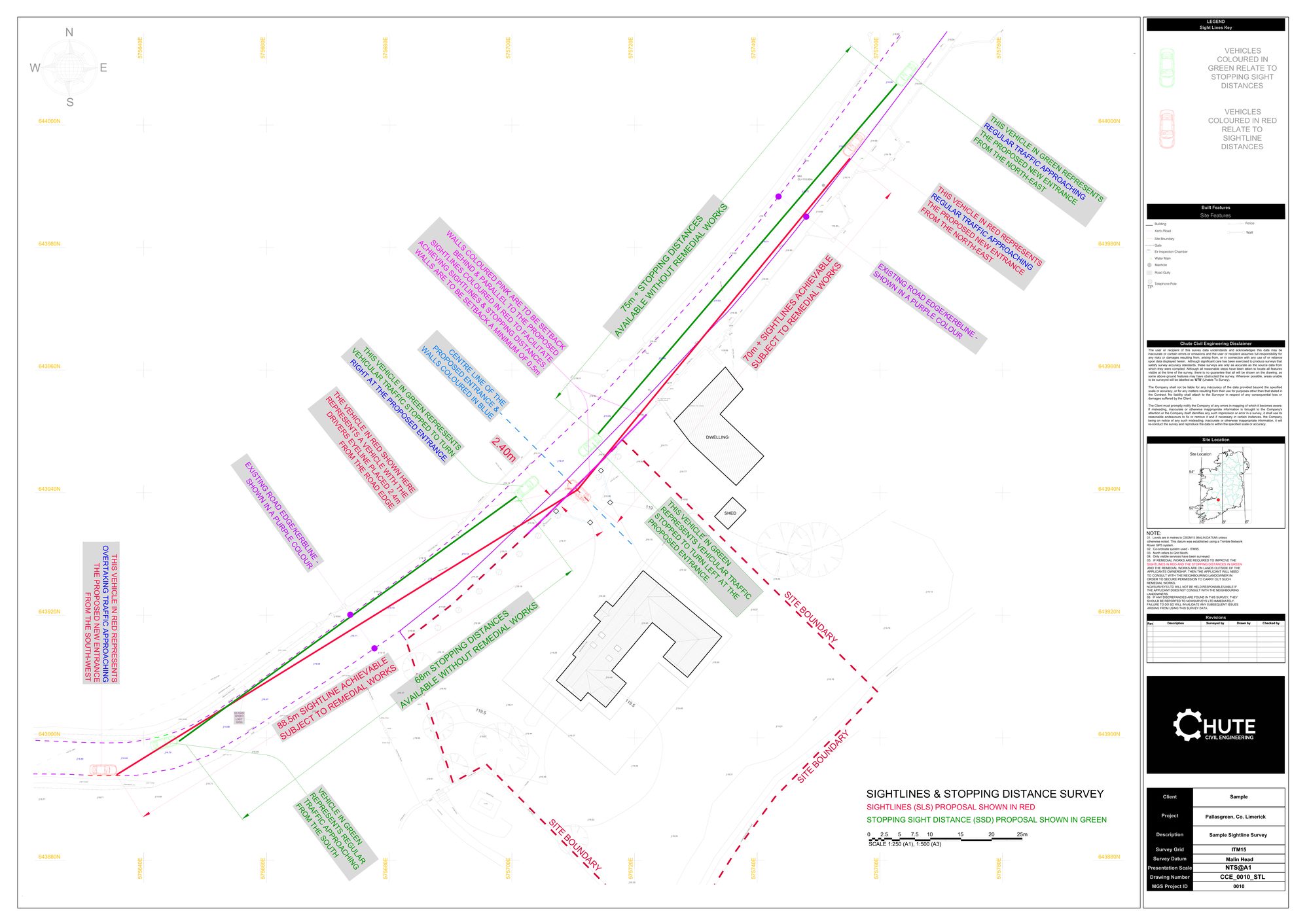 Sample sightline and stopping distance survey drawing, Pallasgreen, Co. Limerick
